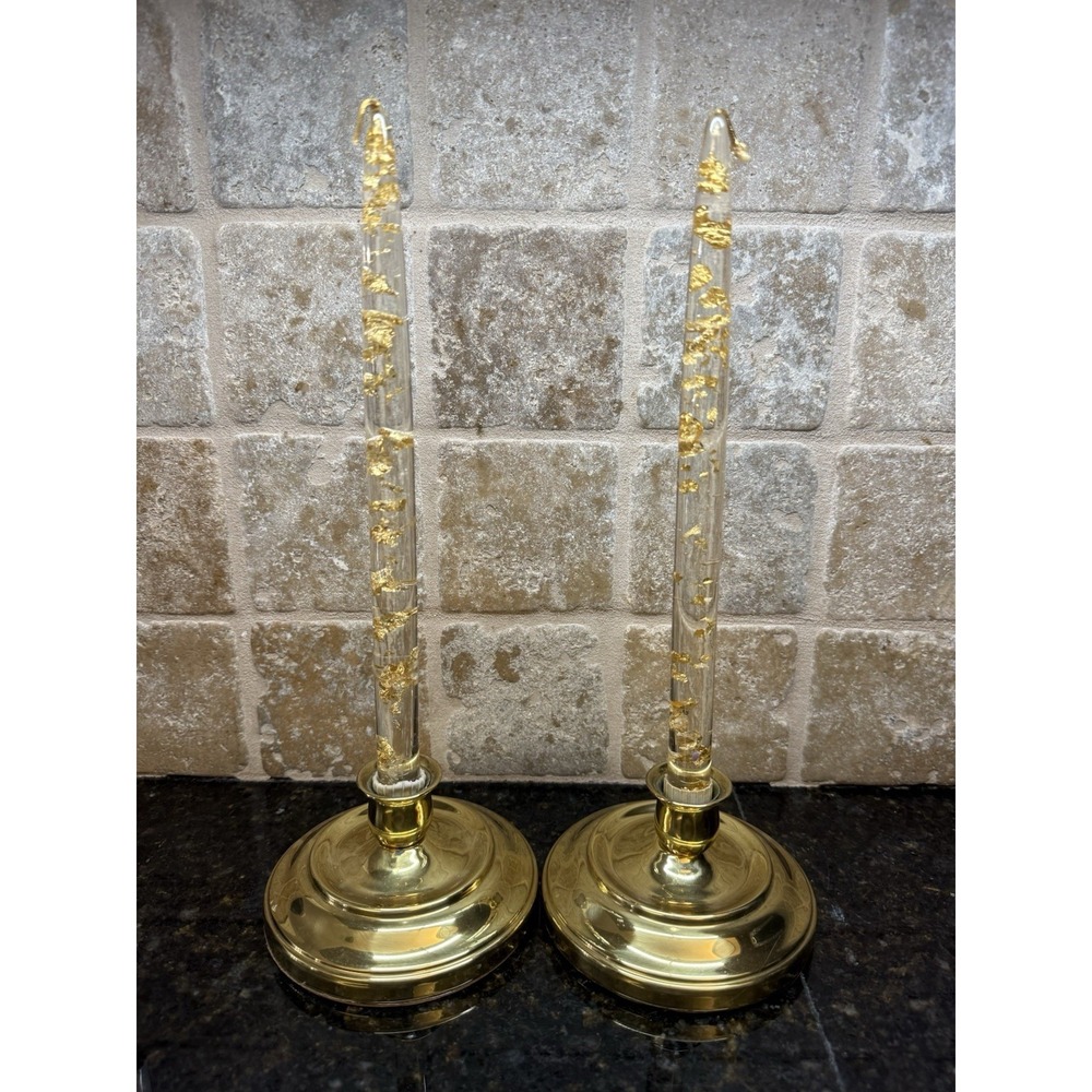 VTG Pair MCM Candle Holders ‎ 12" Gold Fleck Lucite Candles Old Hollywood *flaw*